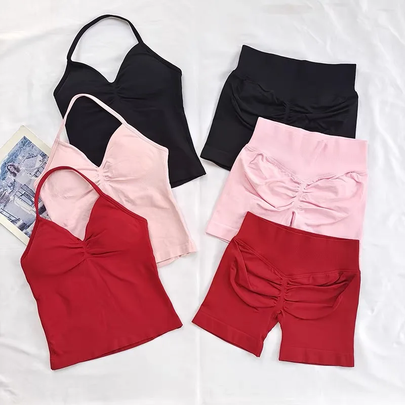 2피스 여성 요가 세트 심리스 임팩트 롱라인 스트랩 탱크탑 스크런치 스포츠 반바지 짐웨어 여성 여름 운동복