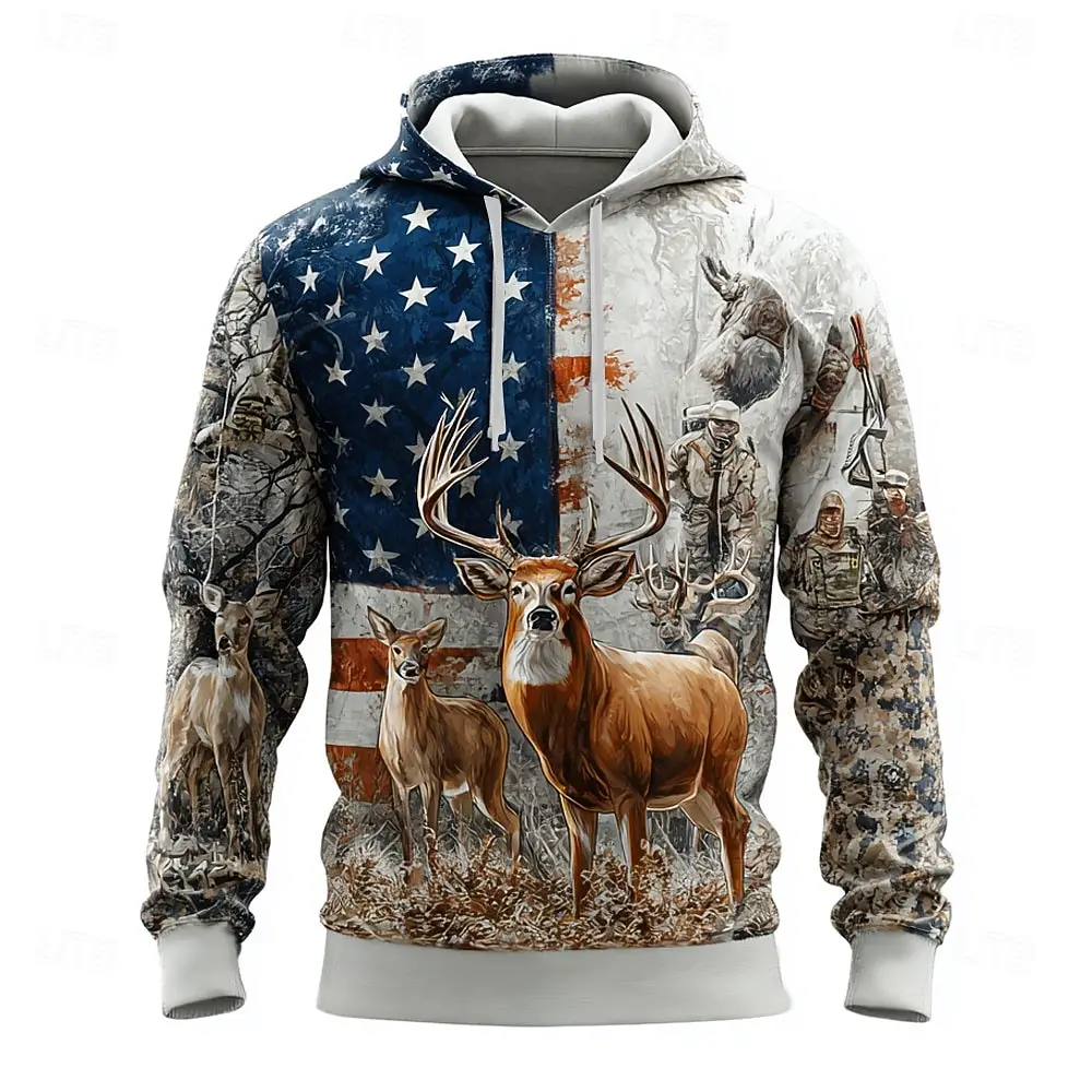2026 Herbst Winter Herren Camo Deer 3D-Drucke Kapuzenpullover Sweatshirt Langarm Rundhalsausschnitt Streetwear Kordelzug Tops