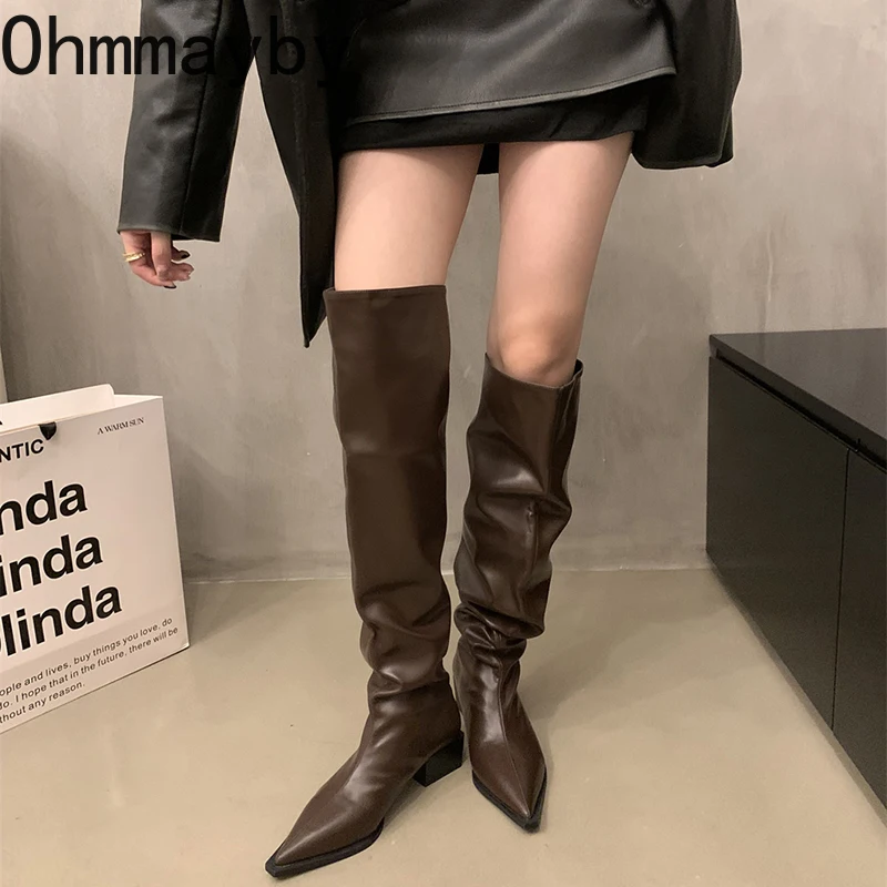 Stretch Soft Leather Women Over the Knee High Boots Fashion Pointed Toe Shoes Autumn Winter Thick Heel Ladies Long Booties