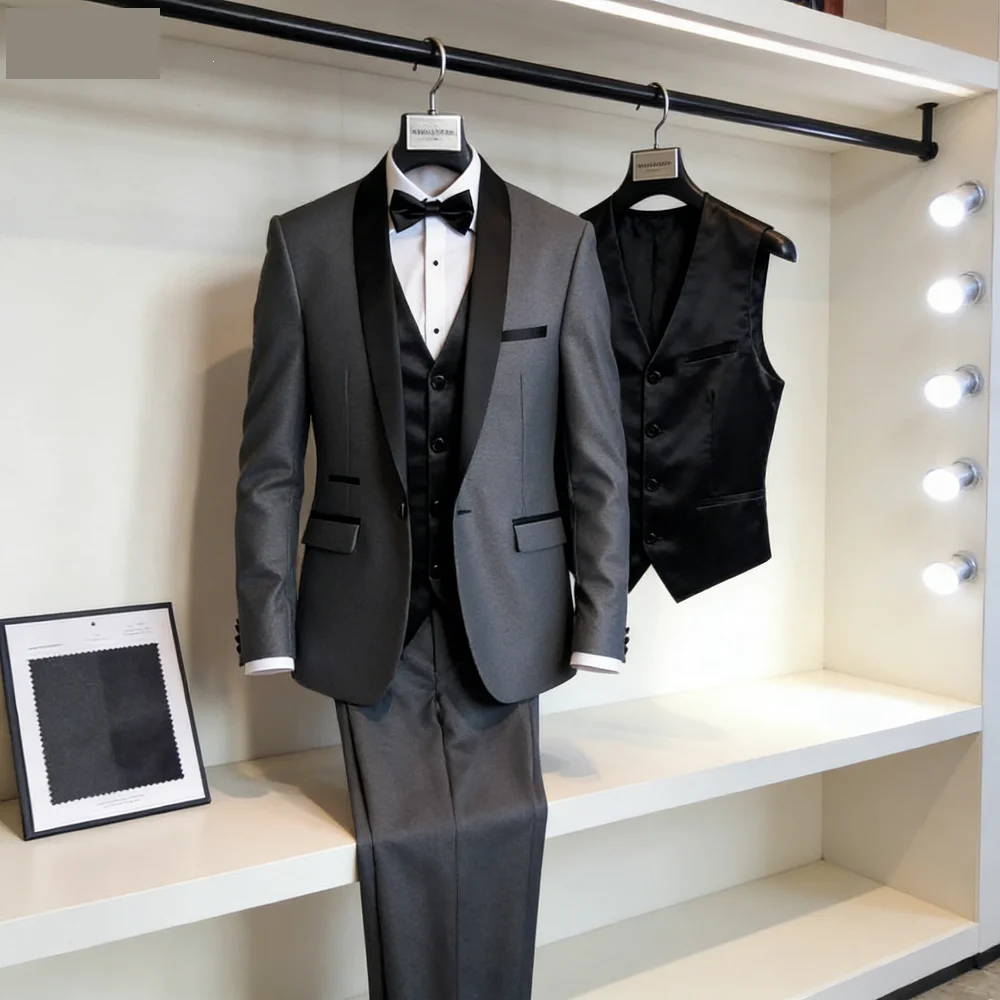 

Elegant Slim Fit 3-Piece Men's Tuxedo Formal Groom Suit with Shawl Lapel Blazer Pants for Wedding Business Prom Male Clothing