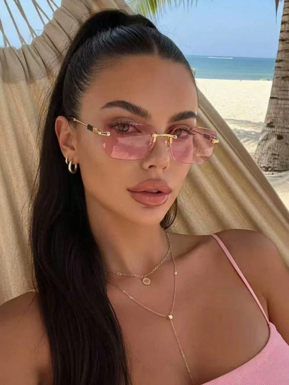 1 Pair of Women's Rimless Rectangular Small Frame Sunglasses with Ocean Slice Design, Dopamine Y2K Metal Retro Bohemian Holiday Decorative Fashion Glasses, Suitable for Beach, Seaside, Street Photography, Dating, Drivi