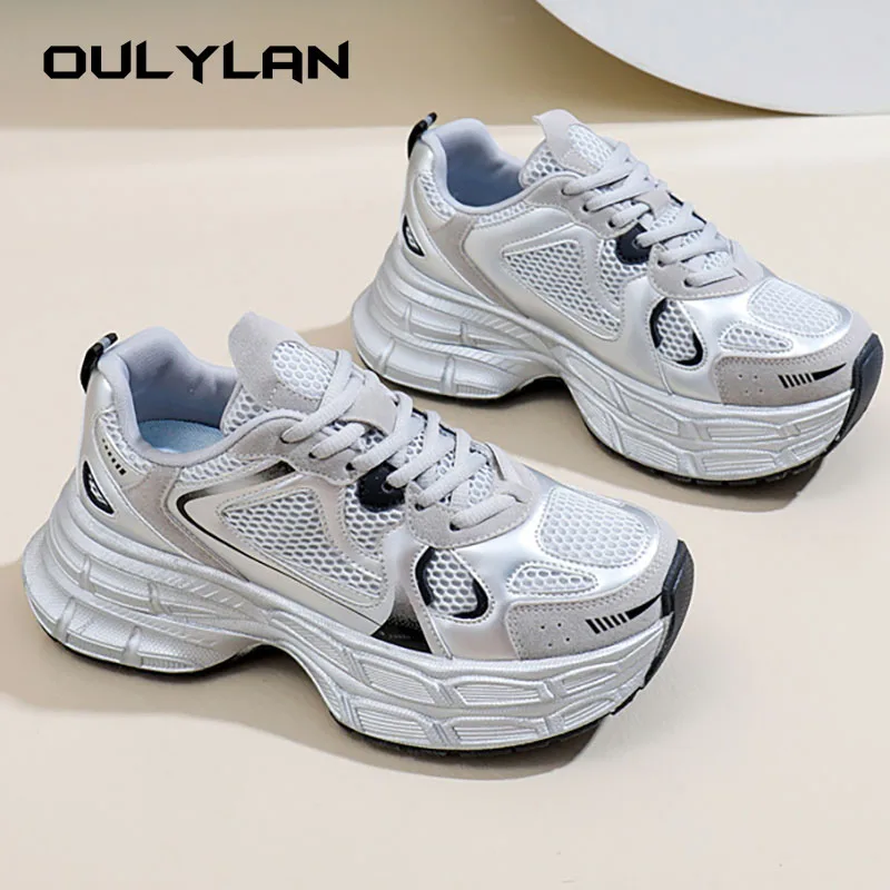 

5.5cm Thick Sole Sneakers for Women Leather Mesh Chunky Shoes Grils Platform Height Increasing Shoes Classic Color Running Shoes