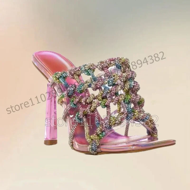 

Colorful Knitted Rope Metal Heel Open Toe Slippers Slip On Women Shoes Thin High Heels Fashion Banquet 2023 Zapatos Para Mujere