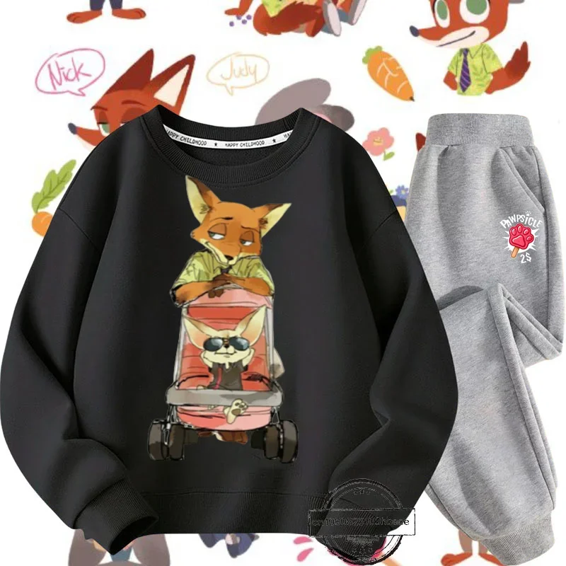 Zootopia autumn and winter new Disney cartoon print boys girls children's crewneck hoodie set sweatshirt Harajuku casual style