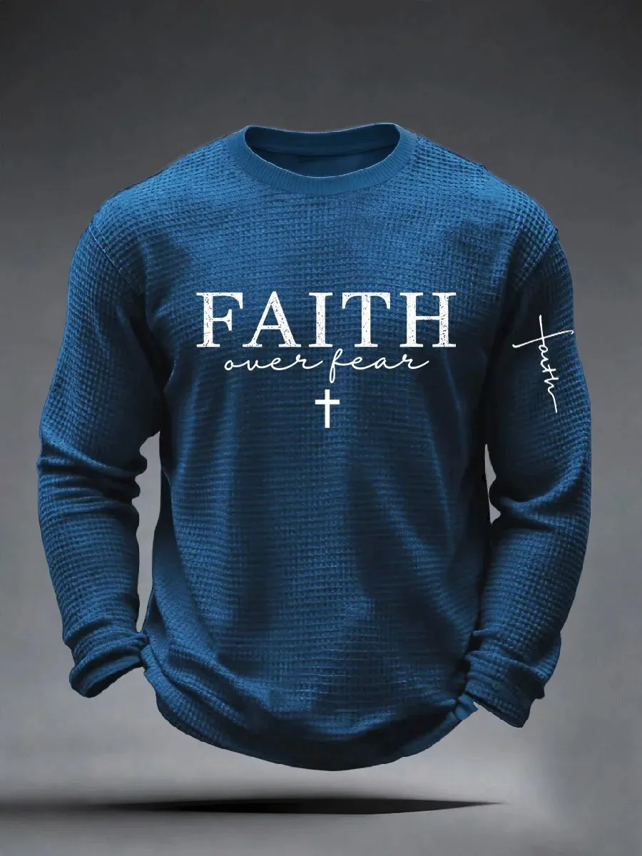 New Men's Long-Sleeve T-Shirt Solid Color With Cross Print Round Neck Faith-Themed Long-Sleeve T-Shirt Men's Casual Top