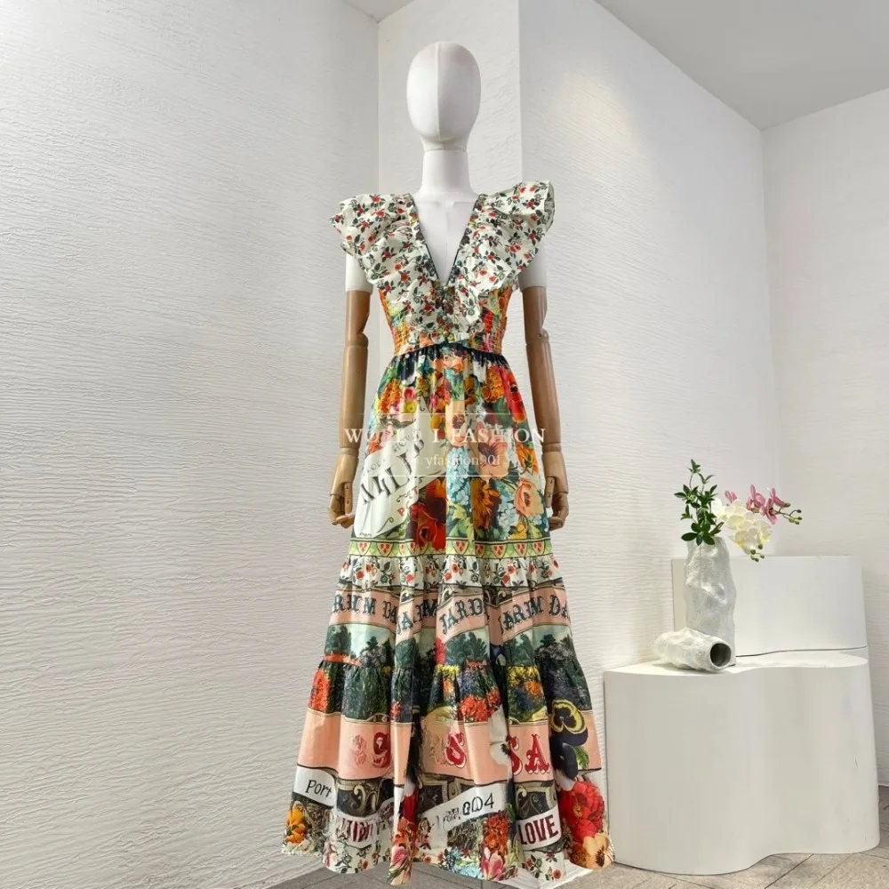 

Multi Color Floral Green Forest Floral Print Sleeveless Ruffles Frilled Midi Dress 2025 Cotton