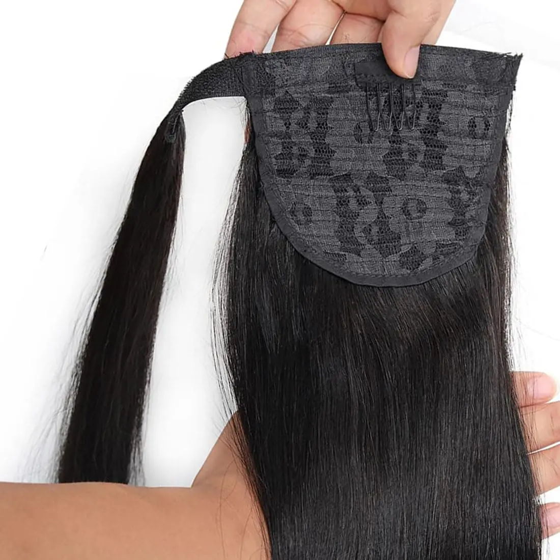 شعر بشري مستقيم على شكل ذيل حصان مع شريط سحري ملفوف، وصلات شعر برازيلية متموجة على شكل ذيل حصان، لون أسود طبيعي