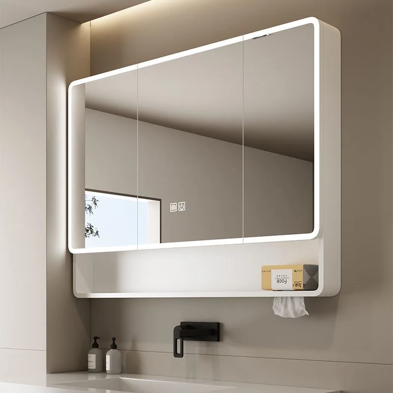 27 * 51 Inch Space Aluminum Bathroom Mirror Cabinet Storage Locker Mirror Smart Led Light Luminous with Tissue Hole Vanity