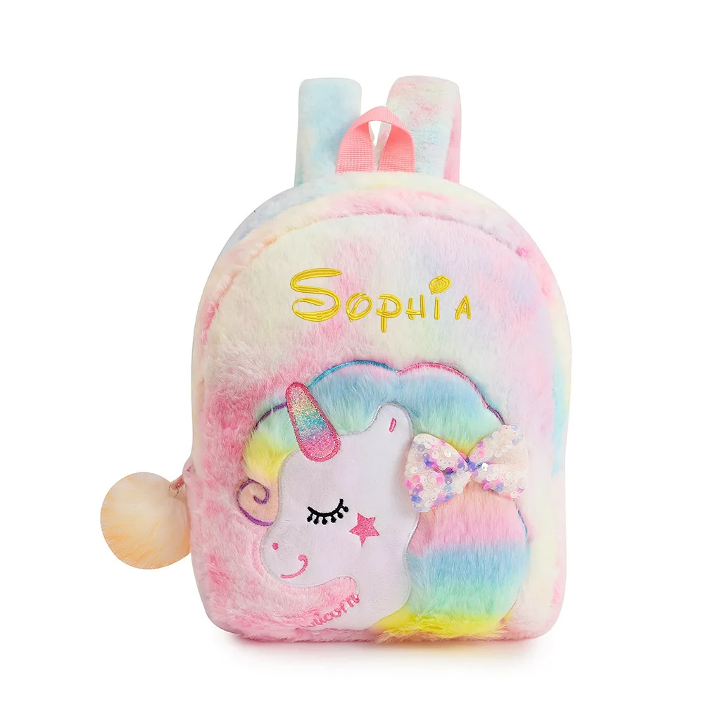 Personalisierte Stickerei Plüsch Einhorn Rucksack, Nette Mini Einhorn Rucksack Geschenk für Mädchen Schule Taschen Kawaii Flauschigen Fuzzy tasche