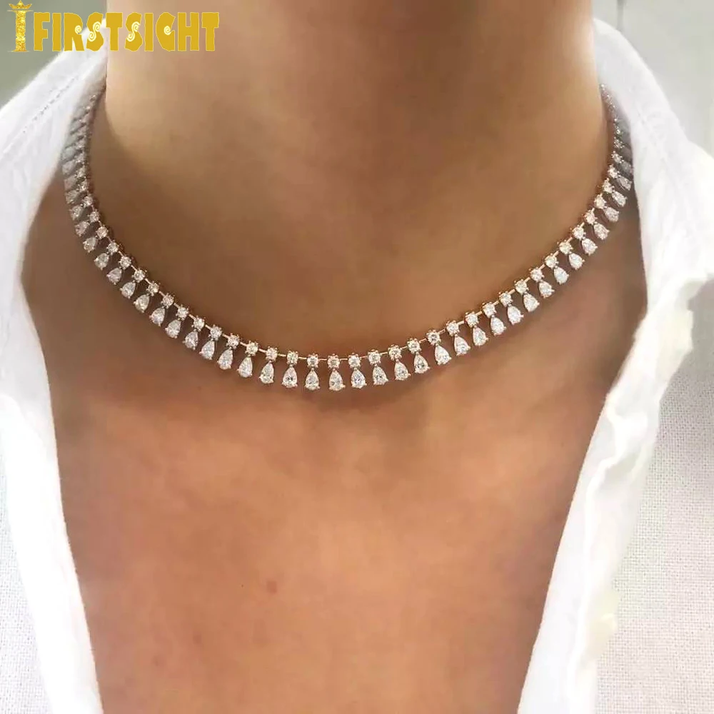 New Iced Out Bling Tear Drop Necklace Silver Color Round Cubic Zirconia Cz Tennis Paved Link Chain Choker For Women Jewelry