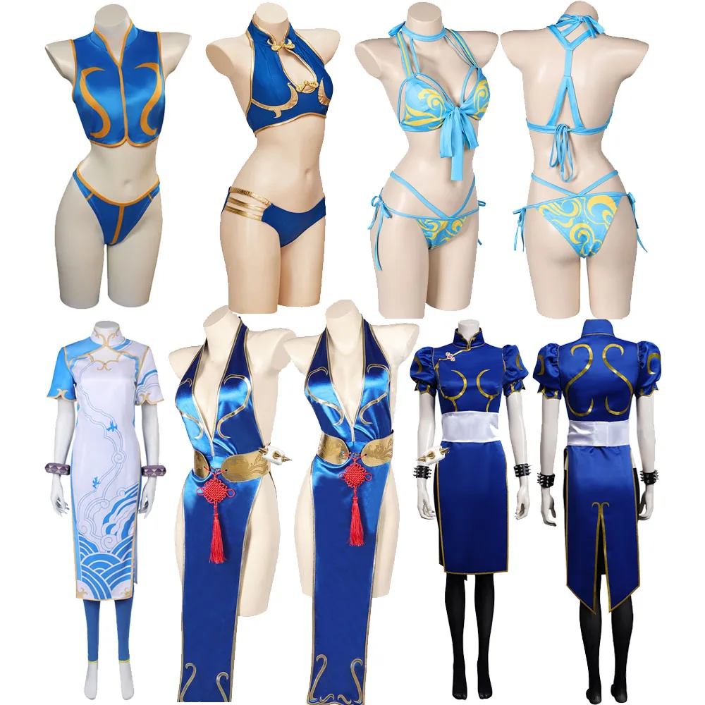 Costume de jeu Cheongsam bleu sexy pour adultes, SF 6 Chun Li, cosplay féminin, fantaisie, combinaison en plis, Halloween, déguisement de carnaval imbibé