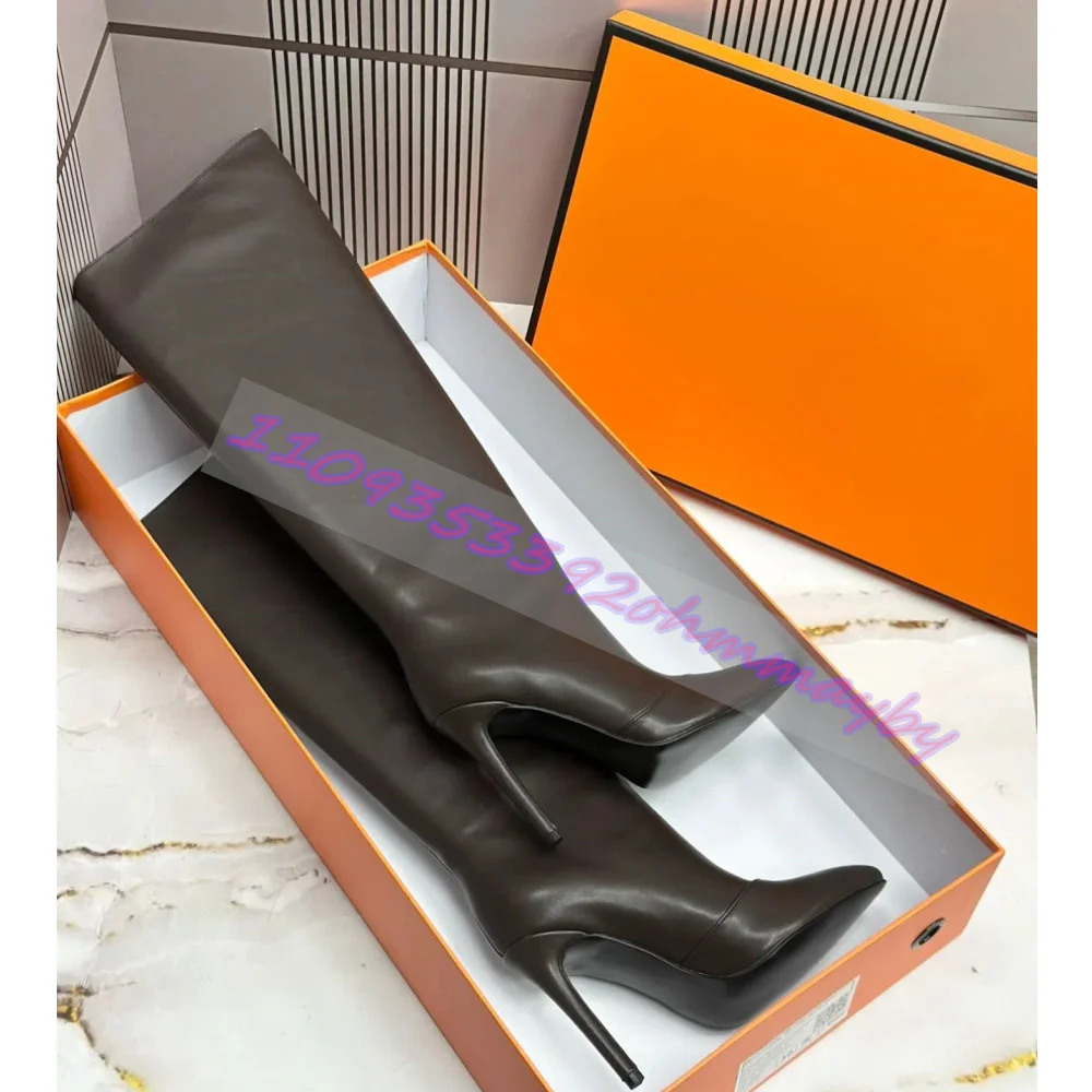 Botas altas de tacón de aguja marrones para mujer, de piel sintética, con punta, sin cordones, estilo minimalista, para fiesta, club, invierno