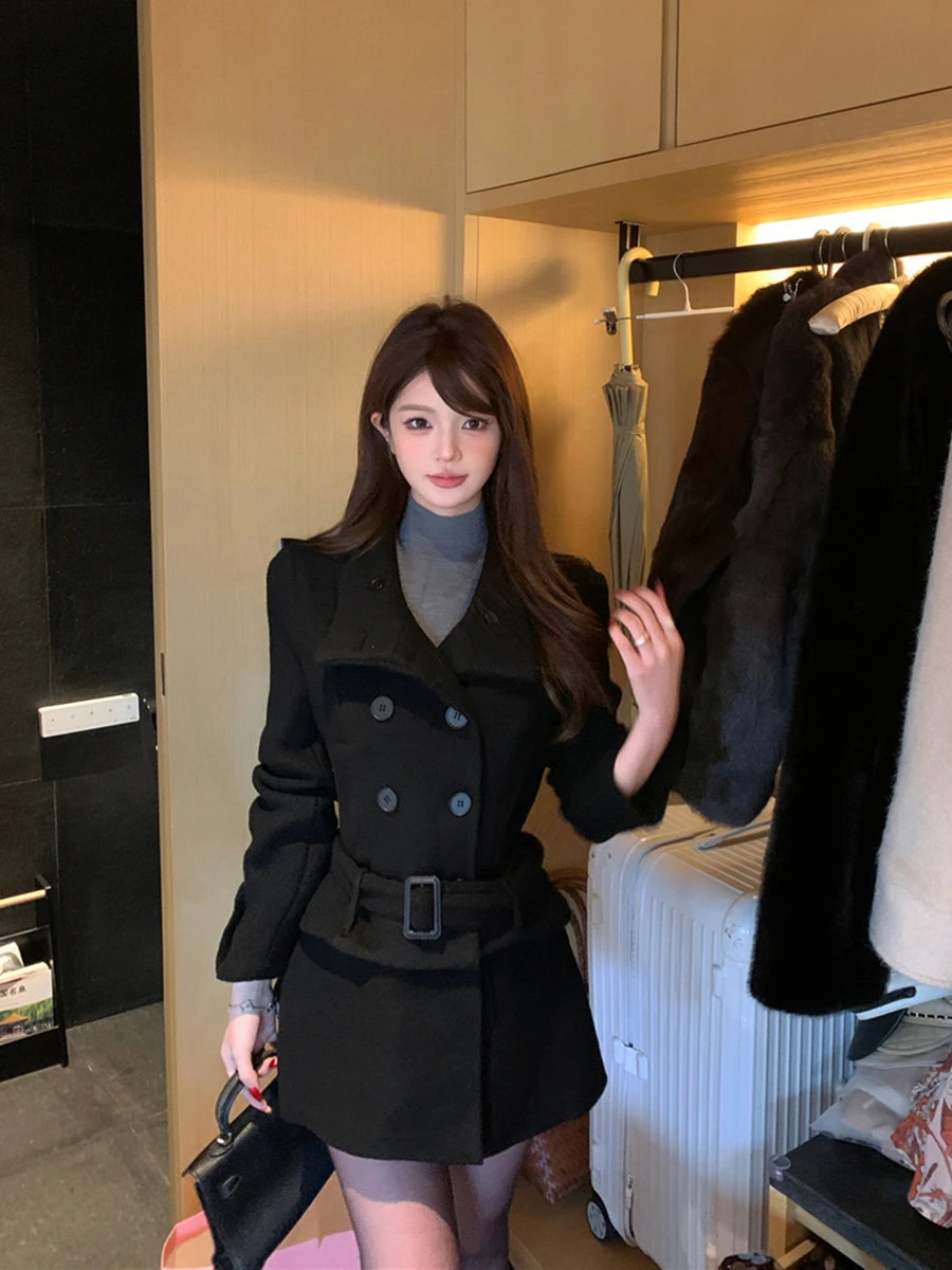 

Retro Detachable Skirt Coat Women's Woolen Coat Double Row Buttons Thickened Long Sleeve Standard Length High Waist Female Ou...