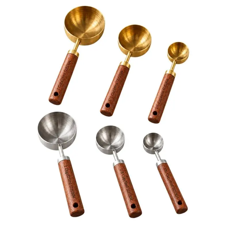 Gold Wooden Handle Stainless Steel Measuring Cup Spoon Set Baking Coffee Bartender Scale Measuring Tool