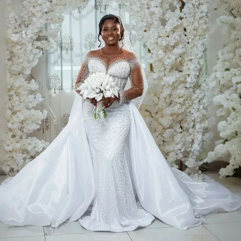 

Customized Mermaid Wedding Dress Bridal Gowns For Bride Detachable Train Sheer Neck Illusion Long Sleeves Beaded Lace