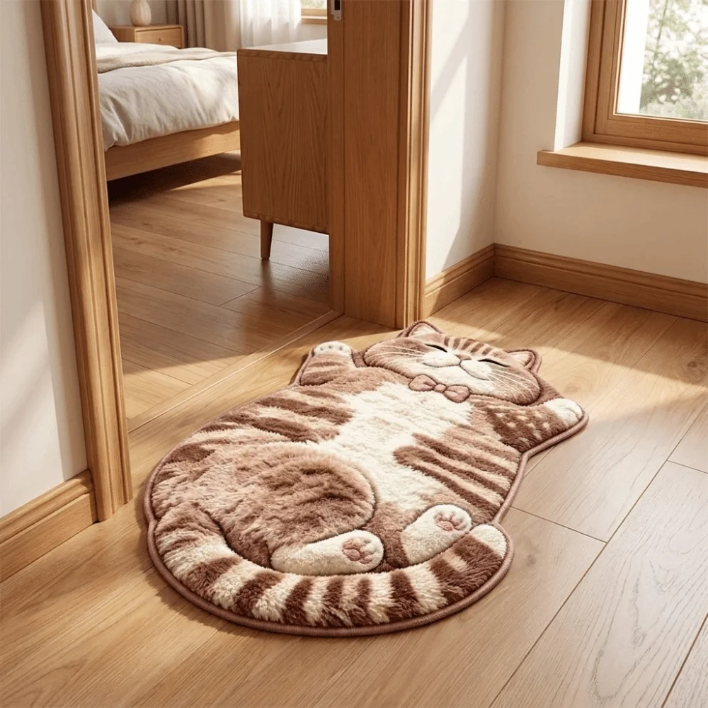 Soft 2D Cat-Shaped Area Rug Anti-fouling Easy to Clean Home Decor Carpet Non-Slip Cartoon Carpet Bedrooms