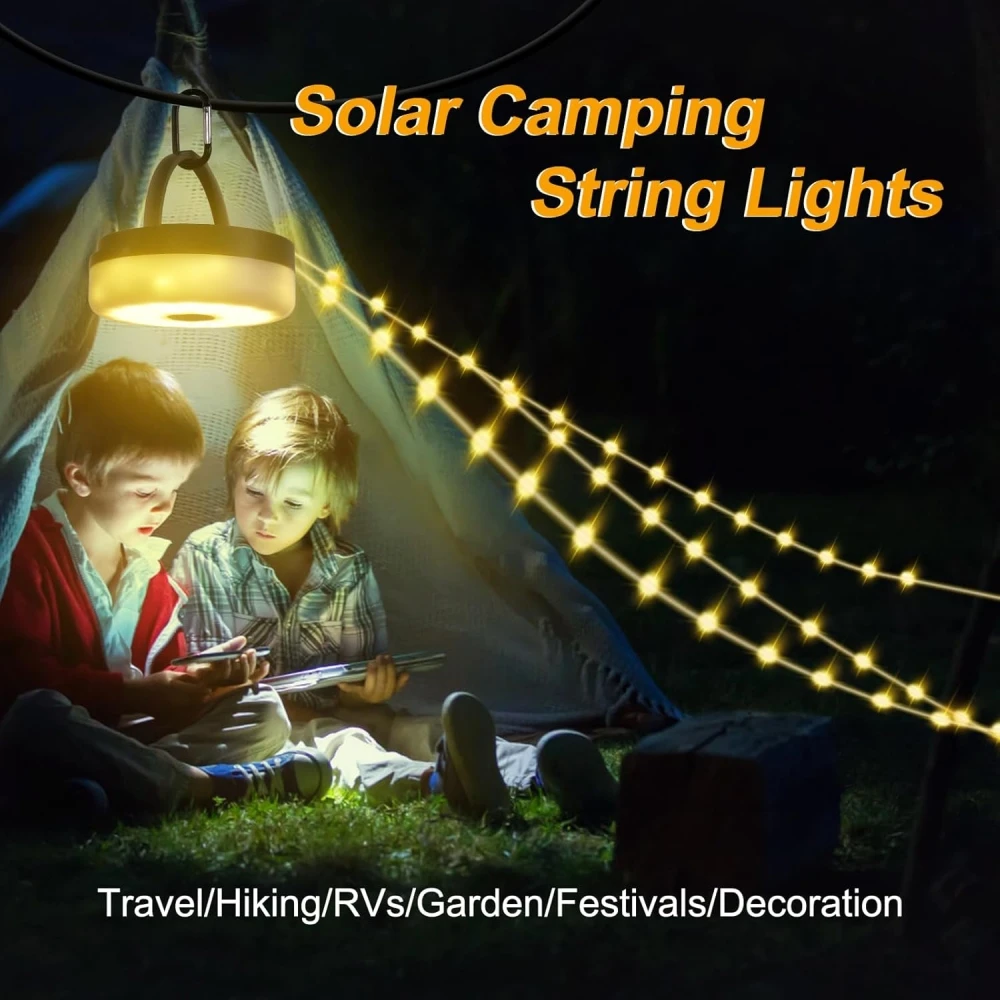 Solar Camping String Lights Waterproof Camping Lights with 8 Lighting Modes Rechargeable Outdoor Camp Lamp Portable Tent Lantern