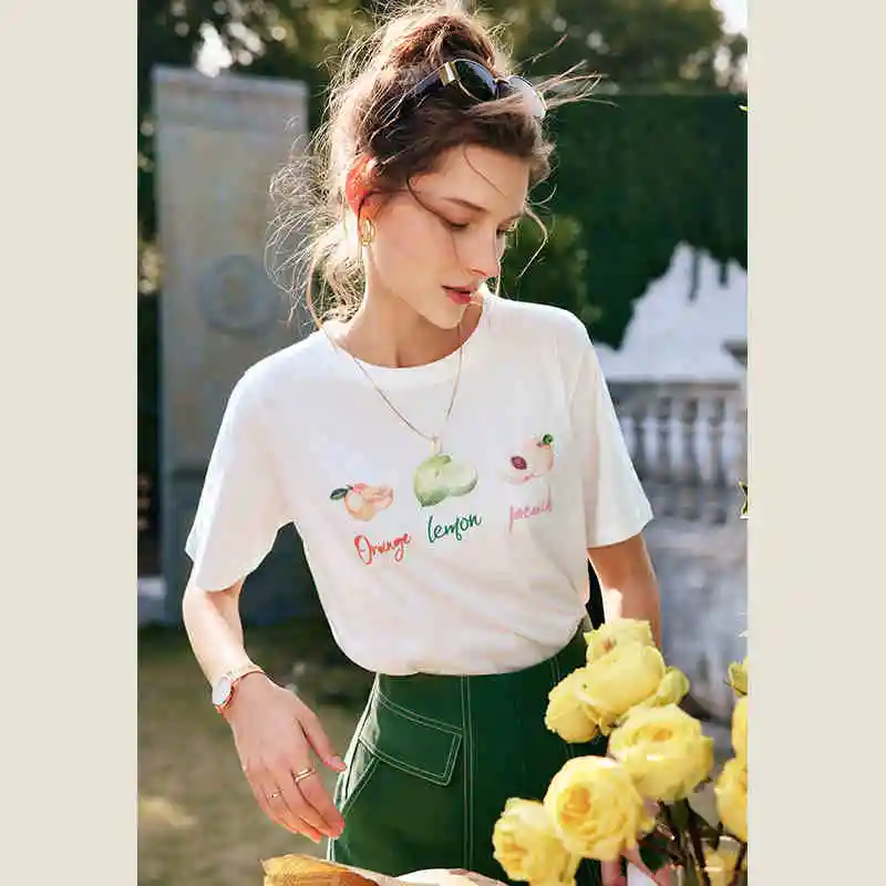 

OLrain 100% Cotton Straight T-Shirt Woman 2025 Summer New Fruit Printed Casual Short Sleeve Simple Strech Ladies Tops O22XT01263