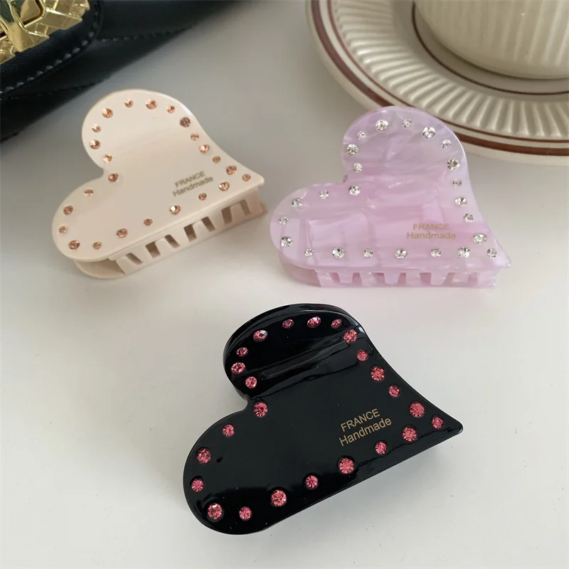 

New Sweet Hair Claw Acetate Heart Crystal Geometric Mediu Size France Clamps Grab Shark Clip Ins Korean Women Hair Accessories