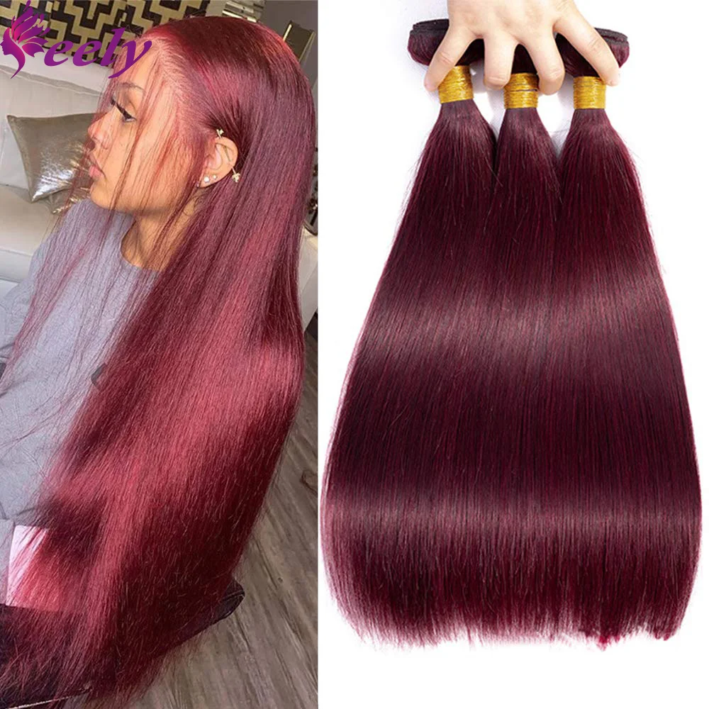 Menselijk Haar Bundels Rechte Wijn Rood Bordeauxrood Braziliaanse 100% Echt Menselijk Haar Weave Extensions 24 26 28 Inch Voor Vrouw Kleur # 99j