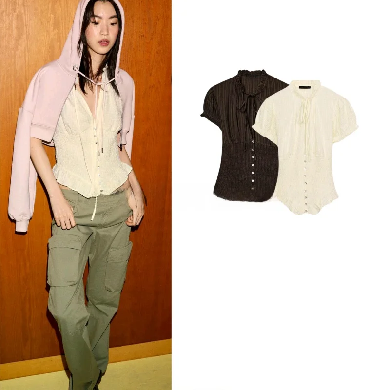 

Spring New Women's Casual Sle Knot round V-ne Bubble ort Sve Lace Trim Top Loose Fit Breathable Polyester