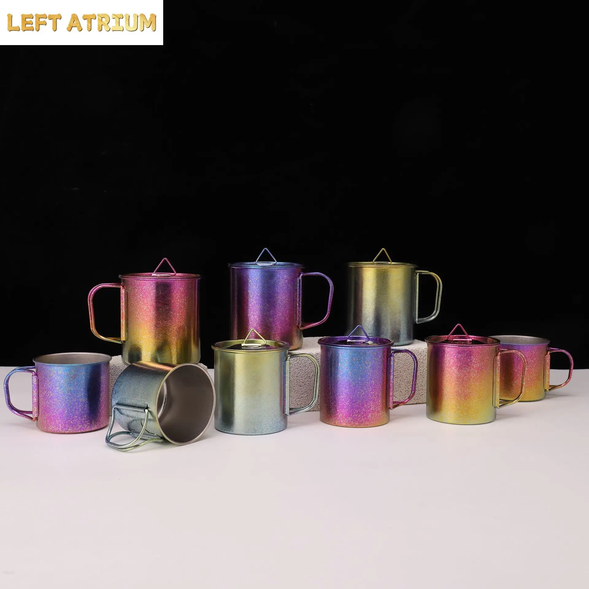 200/300/450ml Pure Titanium Mug With Lid,Single Layer,Gradient Color,Folding Handle,Outdoor Drinkware,Portable Camping Water Cup