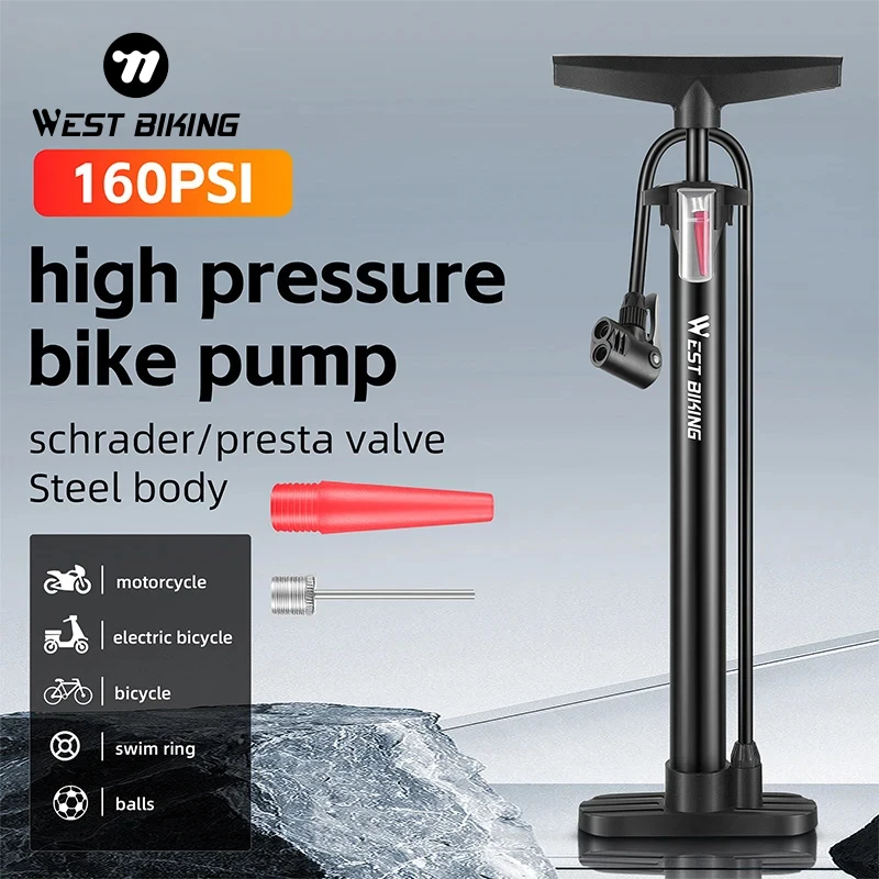 WEST BIKING Bicycle Pump 160PSI High Pressure Car Motorcycle Bike Tire Inflator Schrader Presta Valve MTB Cycling Hand Air Pump