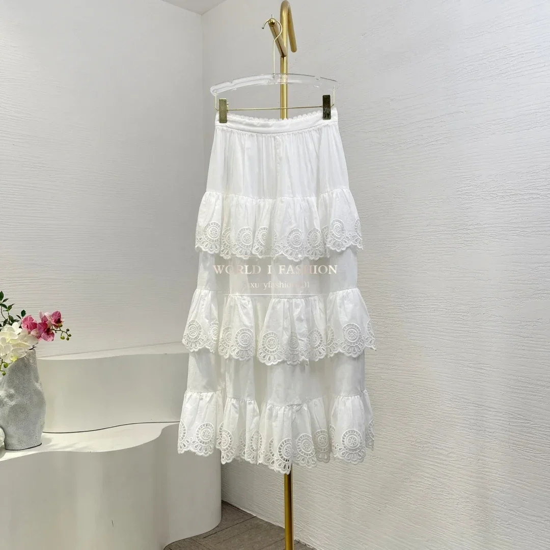 

Cotton 2025 Spring Summer New Floral Print Embroidery Cascading Layered Ruffles Frilled White Women Blouse and Midi Skirt Set