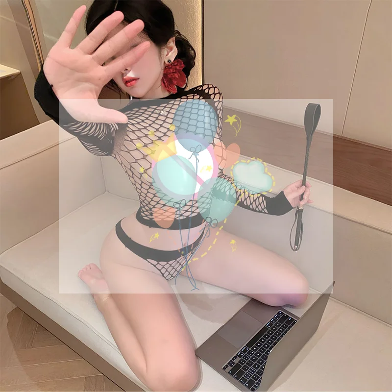 

Black Fishnet Hollow Top With Panties Lingerie Women Turtleneck Long Sleeve Sexy Underwear Set