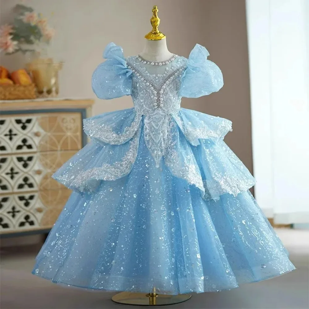 Sparkling Blue Flower Girl Dresses Pageant Puffy Sleeveless O-Neck A-Line Tiered Party Bridesmaid Prom First Communion Ball Gown