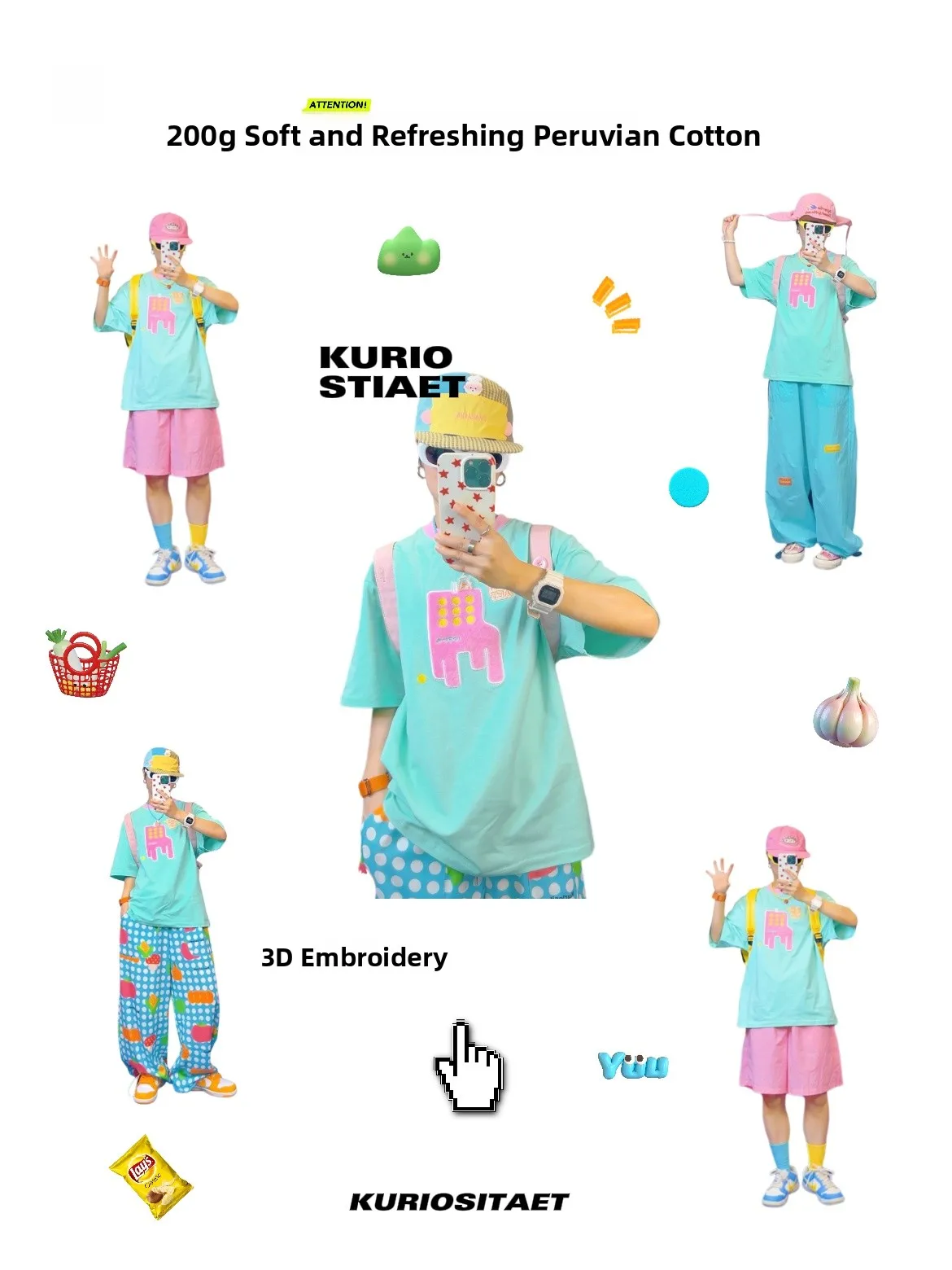 KURIOSITAET Original Green Short Sleeve T-Shirt Women Summer  Dopaamine Loose Embroidered Fun Thin Top Breathable Cot...