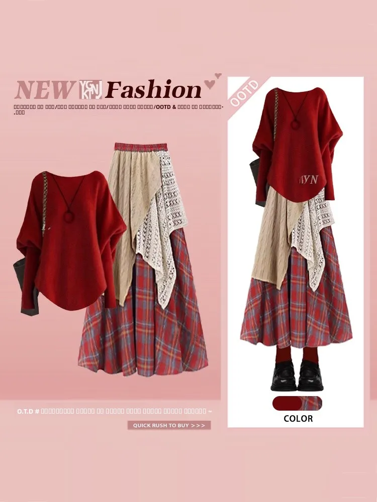 

Retro Sle Red Knitted Sweater Plaid Splicing Skirt Two-Piece Set Women Winter New Year Anti-Aging Faionable Outfit