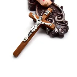QIGO 80*40 mm Brown Wooden Crucifix Pendant Religious DIY Cross Accessories