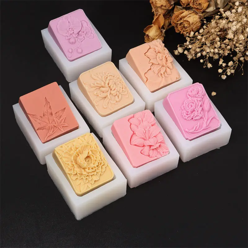 Floral Embossed Silicone Soap Mold, Rectangle Peony Chrysanthemum Orchid Maple Leaf Relief Mold DIY Soap Candle Resin Plaster