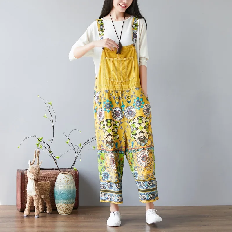 Autumn Vintage Casual Women Wide Leg Jumpsuit with Pockets Belt Trousers Loose Flower Printed Crotch Jeans Jumpsuit