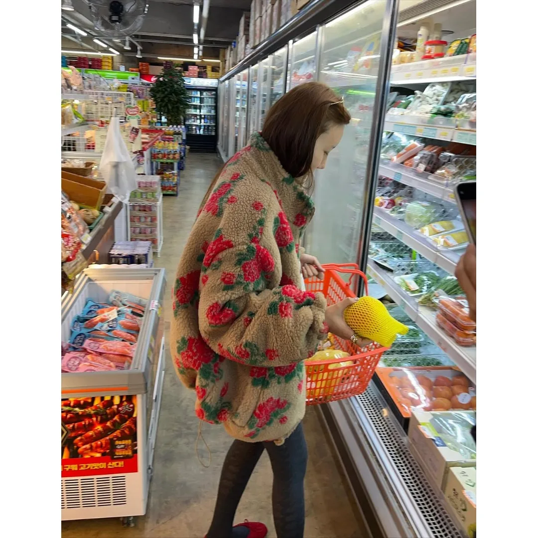 양털 프린트 코튼 혼방 여성용 스웨터 코트 봄 가을 겨울 캐주얼 야외 활동용