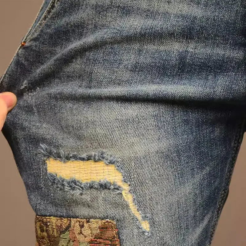 Streetwear Fashion Men Jeans Retro Washed Blue Stretch Slim Fit Ripped Jeans Men Patched Designer Hip Hop Denim Pants Hombre