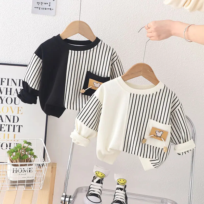 

2023 New Kids Clothes Boys Crew Neck Long Sleeve Spring Autumn Fashion Casual Striped Cartoon Contrast Color Kawaii Tops