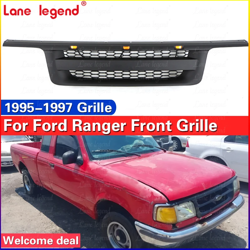 Black Front Grille Bumper Grill Fit For FORD RANGER 1995-1997 With LED Lights High Quality Front Bumper Hood Cover