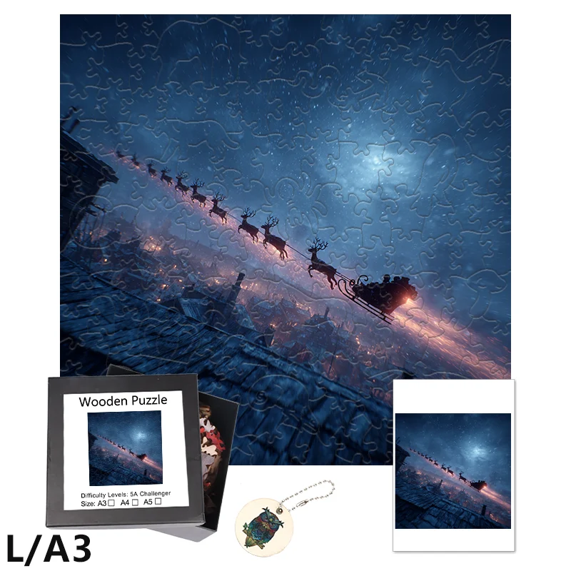 

Wooden Jigsaw Puzzle Santa Claus And Reindeer under the Starry Sky Fun Party Game Educational DIY Crafts for Adults.