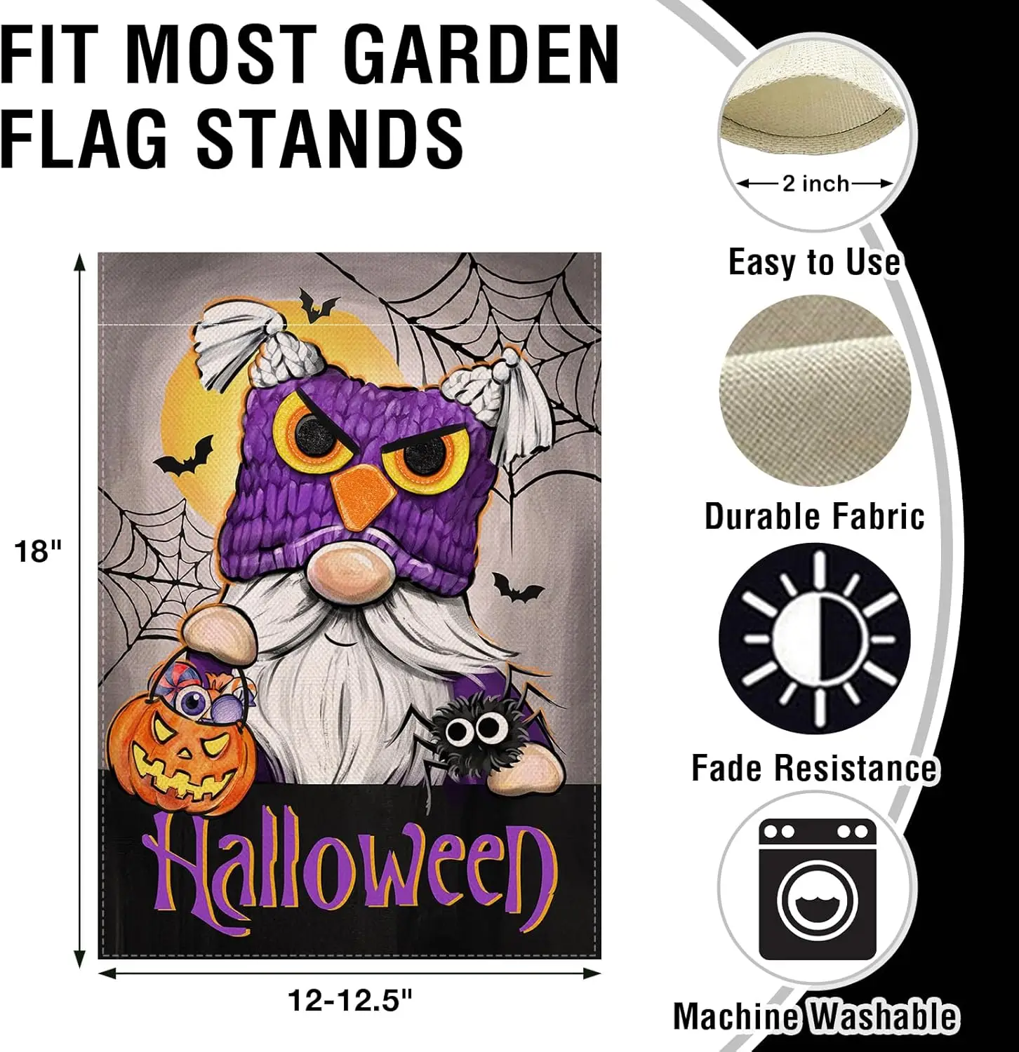 Halloween Owl Gnome Small Decorative Garden Flag, Spooky Jack O Lantern Pumpkin Spider Web Bat Yard Lawn Outside Decor, Funny Ho