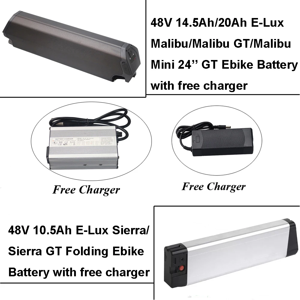 

E-Bike Li-ion Battery 48V 10.5Ah 14.5Ah 20Ah 21Ah for E-Lux Malibu GT Cruiser Stepthru Sierra GT Electric Bike