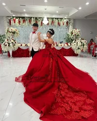 Mexican Red Ball Gown Quinceanera Dresses With Appliques Lace Sequins Birthday Sweet 16 Gowns Princess Vestidos De 15 XV Años