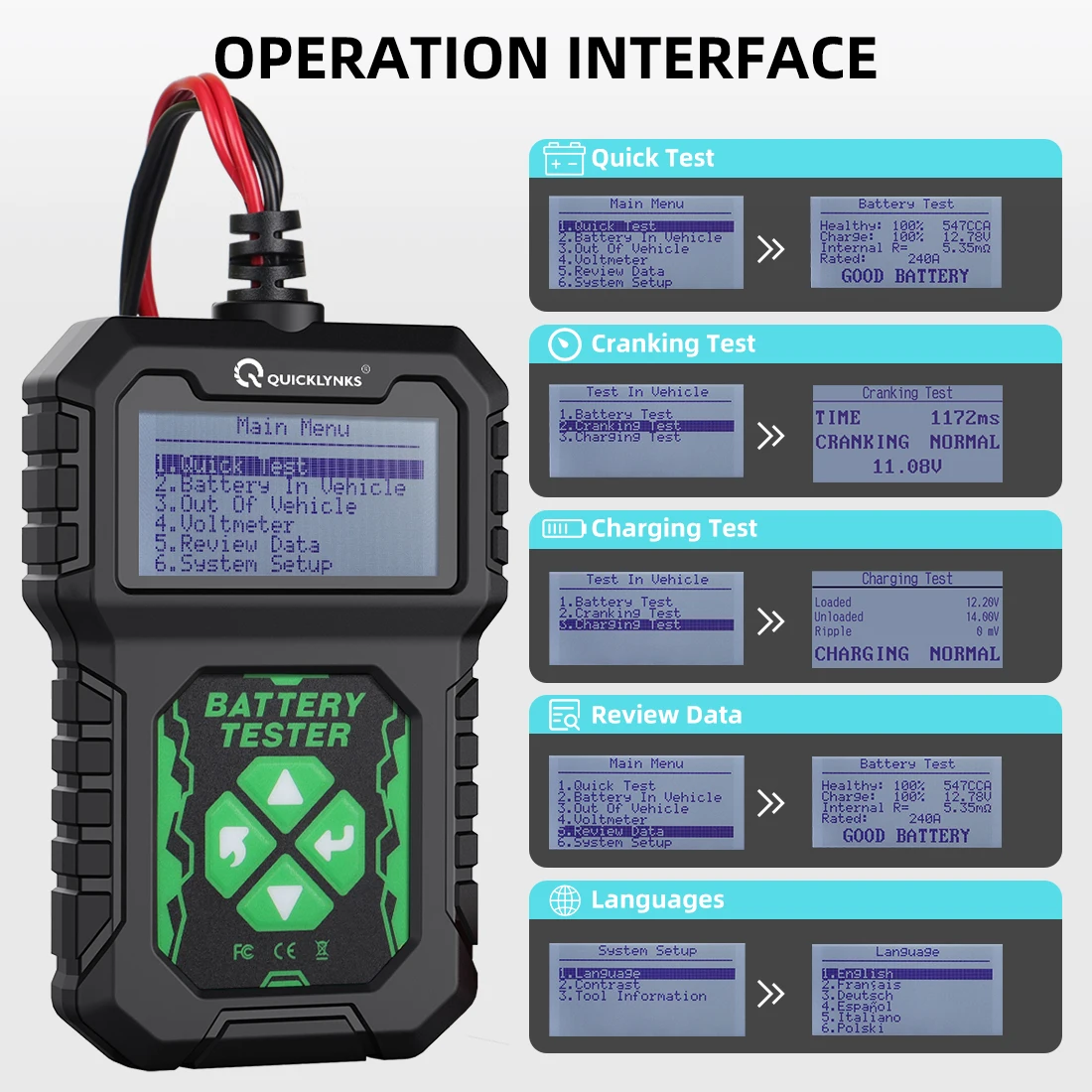 QUICKLYNKS BA107 Car Battery Tester 12V 100-2000CCA Cranking Charging System Tester Auto Battery Analyzer Car Tools PK KW208