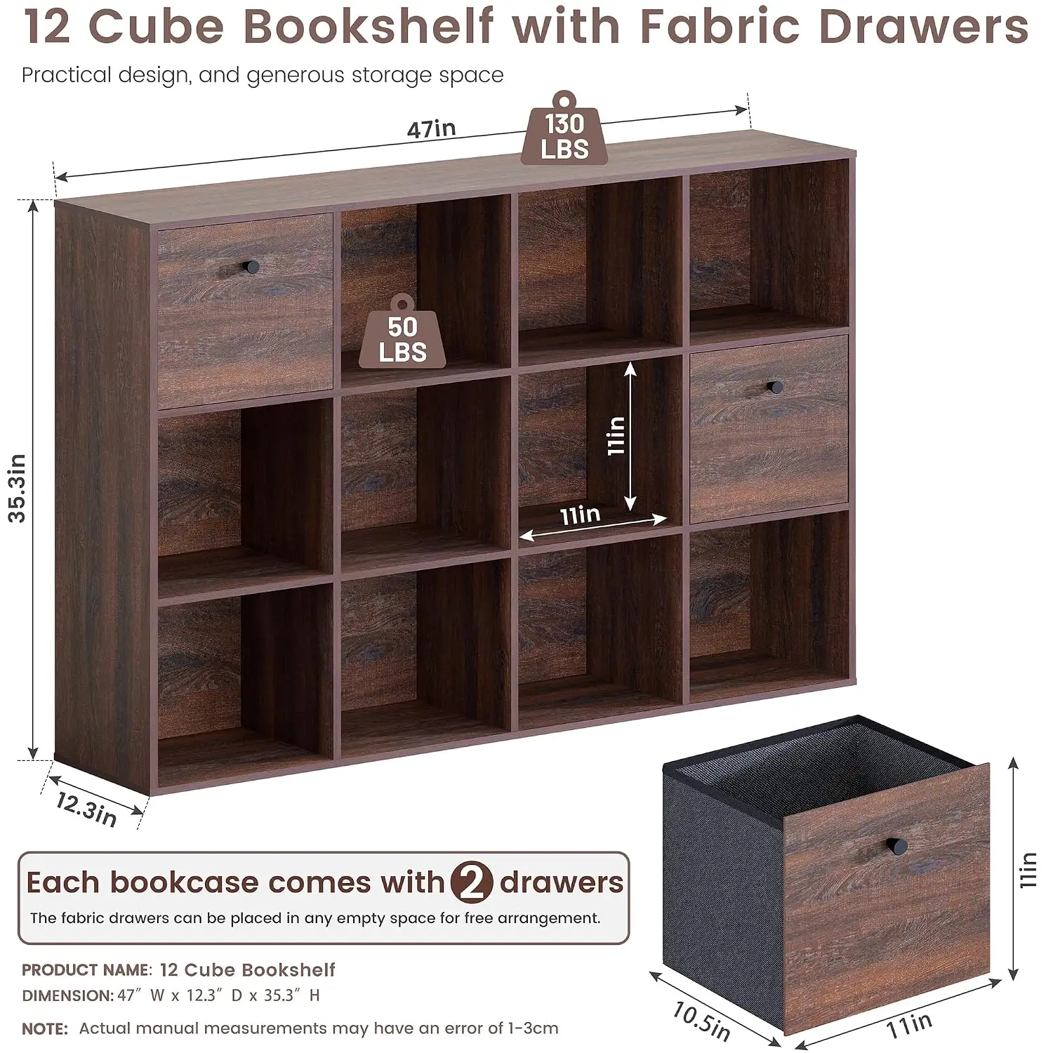 12 Cube Wooden Bookshelf With 2 Fabric Drawers Freestanding 3 Tier Shelf Bedroom Living Room Office 47