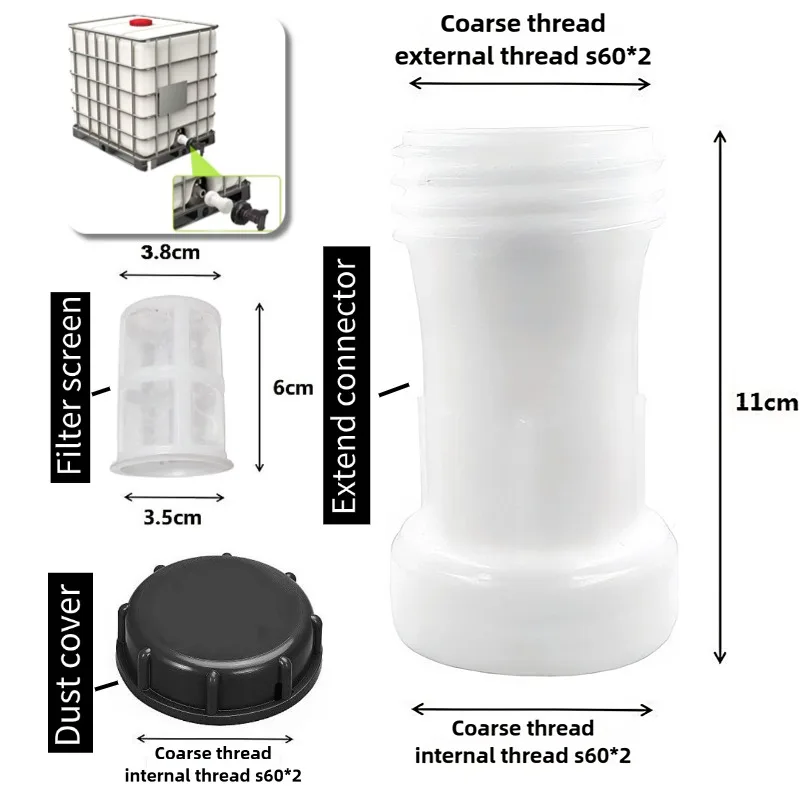 IBC Tote Filter Extension Kit, S60*6 Plastic Thread Adapter with Dust Cap for IBC Ton Barrel Water Filter System