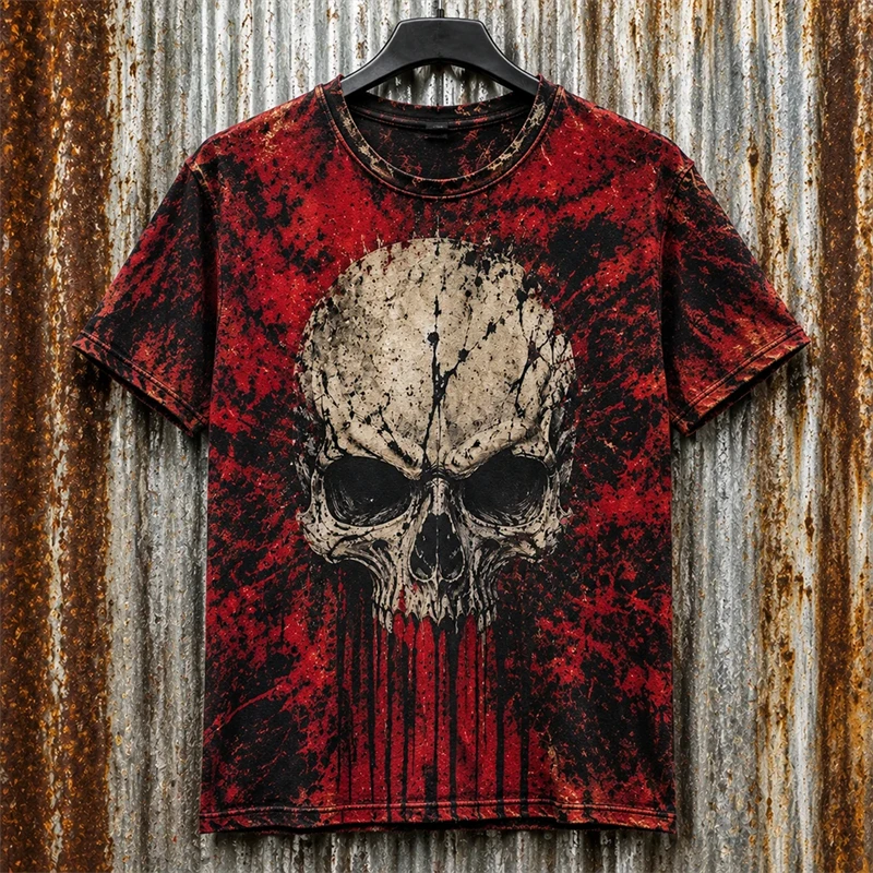 Men's Casual Round-Neck Short-Sleeve T-Shirt Trendy Men's Top with Flame and Skull Print Short-Sleeve Shirt for Holiday Parties
