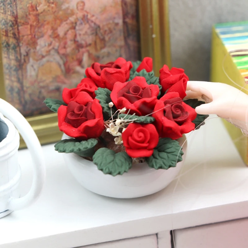 1/12 Dollhouse Miniature Accessories Mini Clay Rose Potted Plant Simulation Flower Model Toys Doll House Decoration