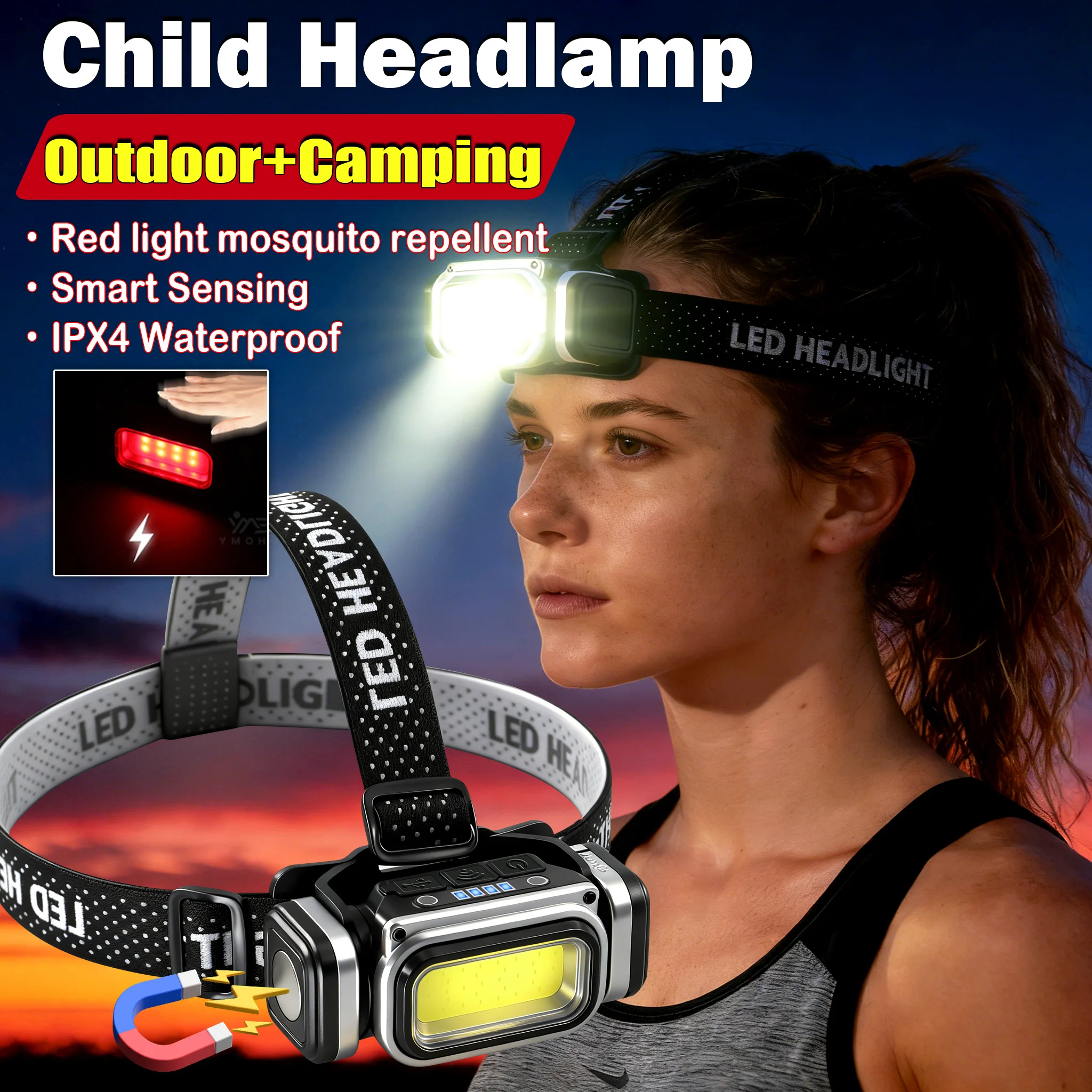 Super Bright Headlamp Motion Sensor Headlight 18650 EDC Head Led Lights Rechargeable Torch Red Light for Camping Running Fishing