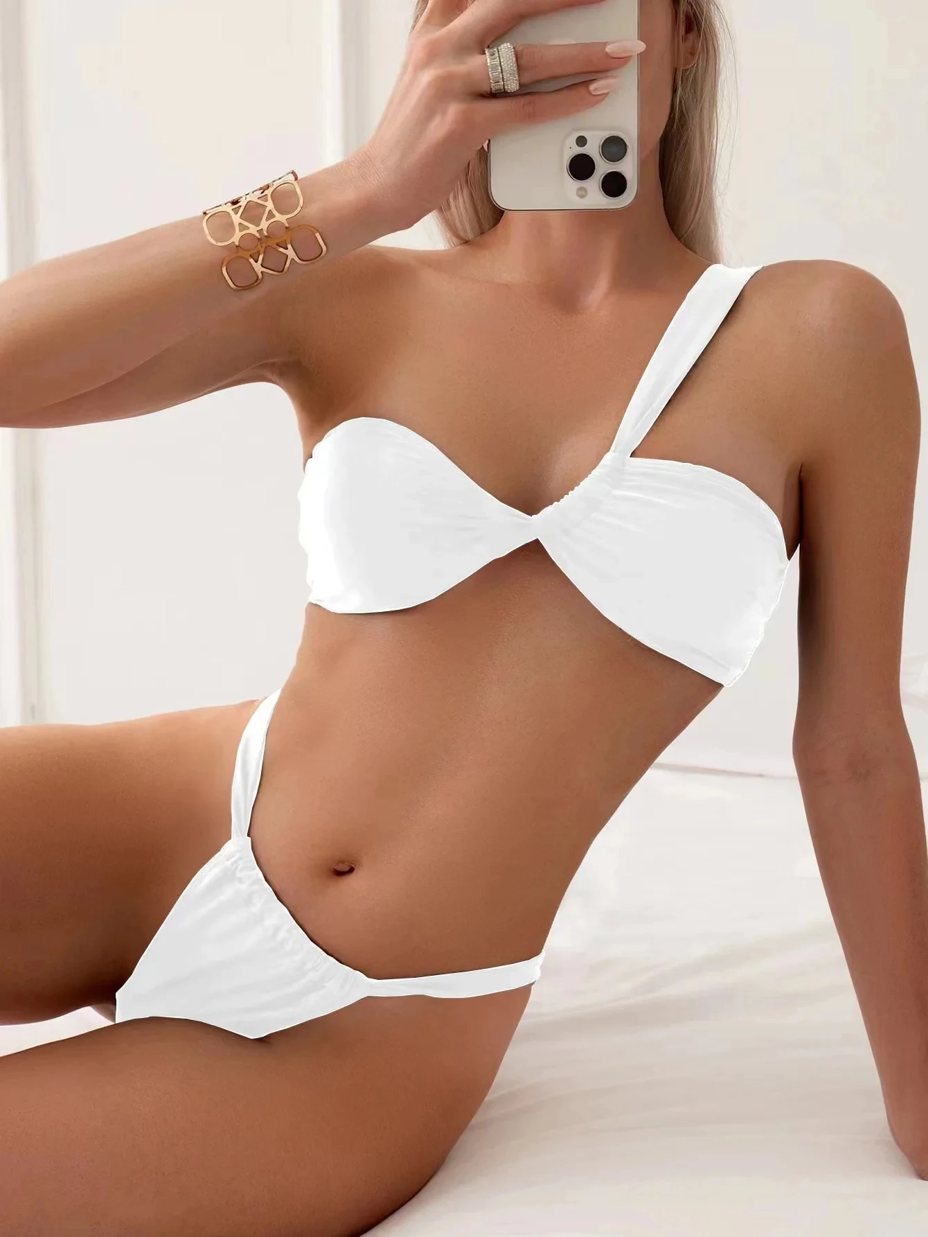 2024 Sexy Low Waist Bikini Sets Solid One Shoulder Thong Swimwear Women Swimsuit Beachwear Bathing Biquini Luxury  Bath Trend